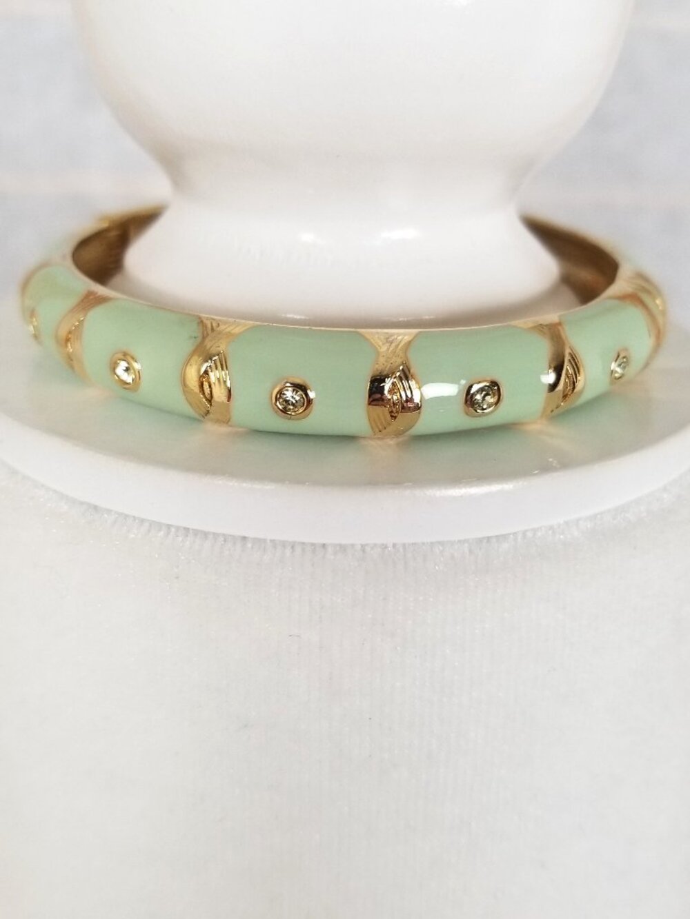 Hinged Bangle Bracelet Pastel Green Gold Crystal 3 in Diameter